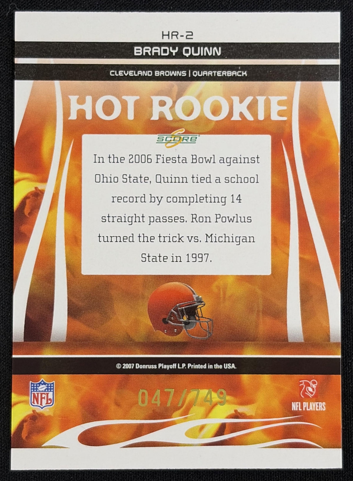 Brady Quinn 2007 Score Select Hot Rookies /749 Browns Sports Trading Card