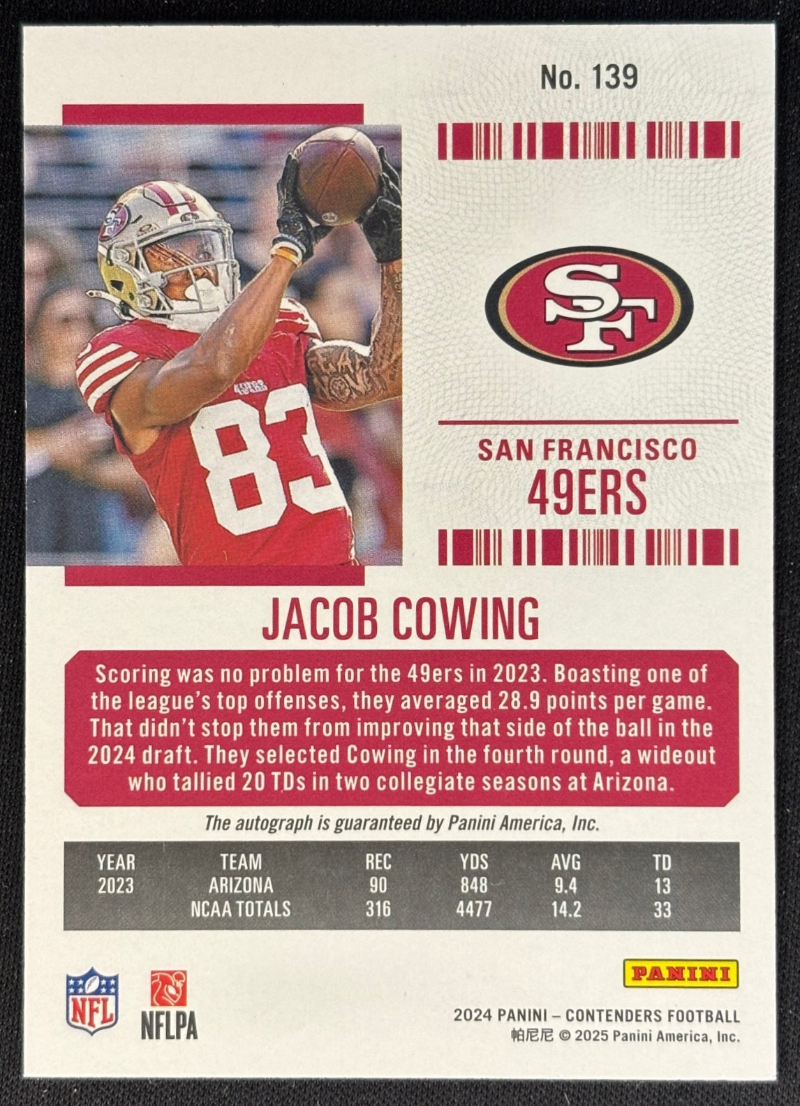 Jacob Cowing 2024 Contenders Rookie Ticket RPS Auto 49ers Sports Trading Cards