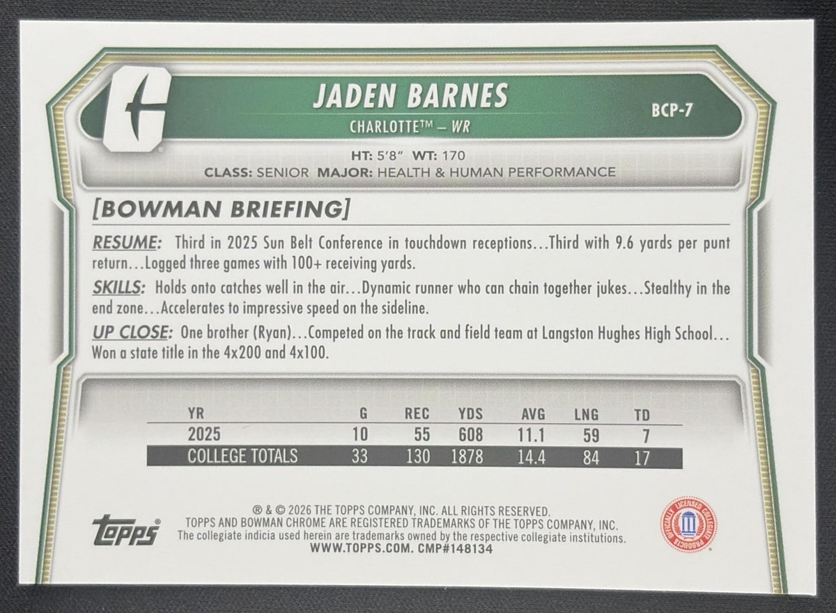 Jaden Barnes 2026 Bowman Chrome Prospects Mojo Refractor 49ers