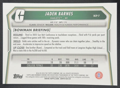 Jaden Barnes 2026 Bowman Chrome Prospects Mojo Refractor 49ers