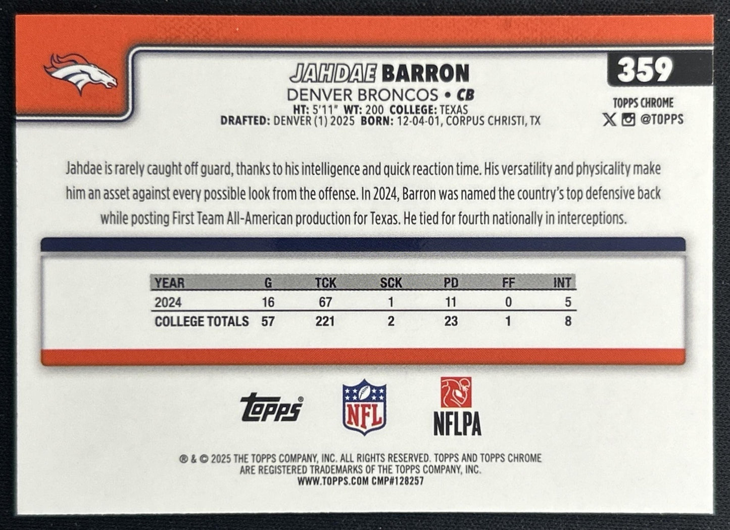 Jahdae Barron 2025 Topps Chrome Rookie Green Geometric Refractor /99 Broncos back