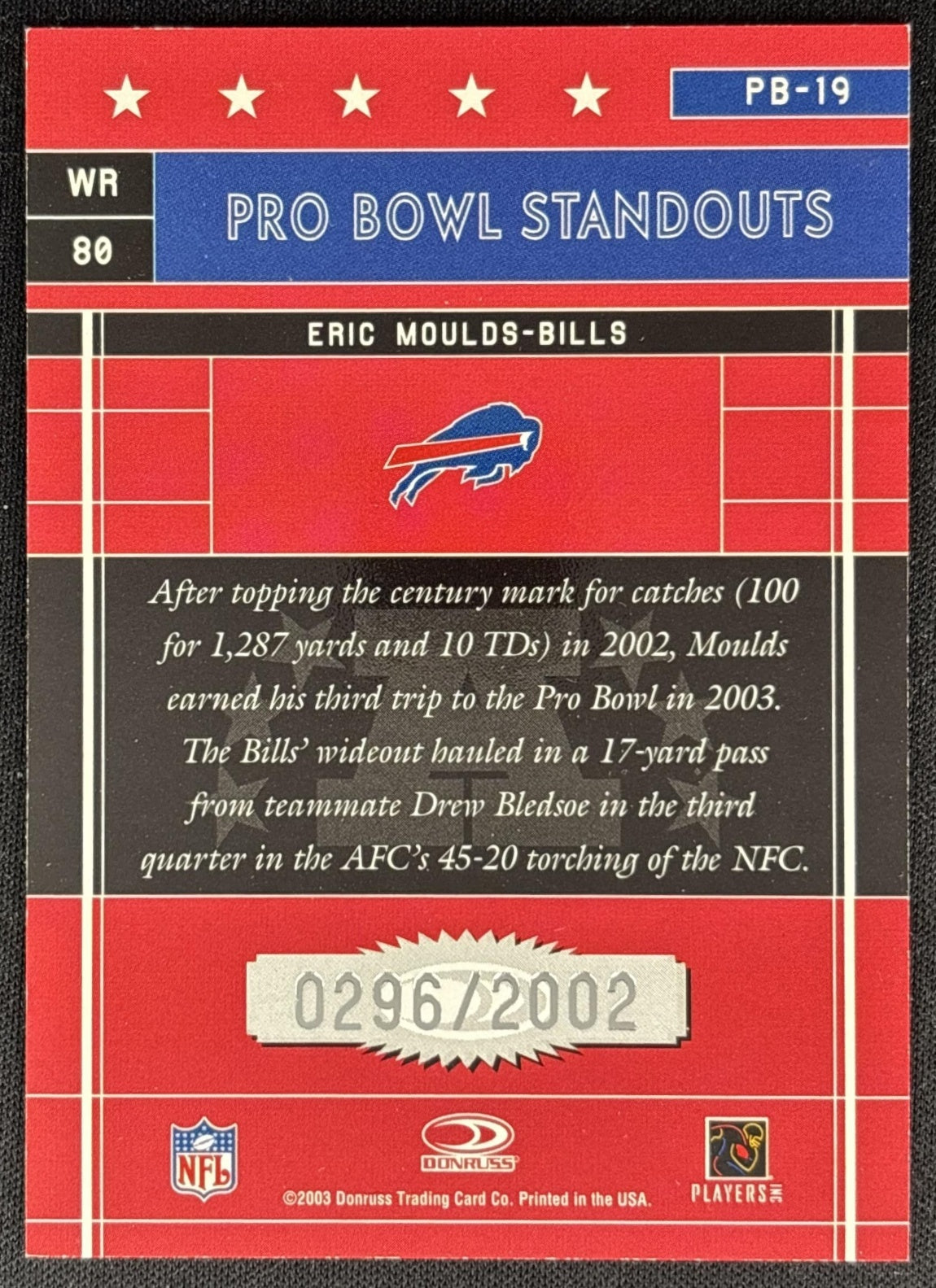 Eric Moulds 2003 Donruss Elite Pro Bowl Standouts /2002 Bills back