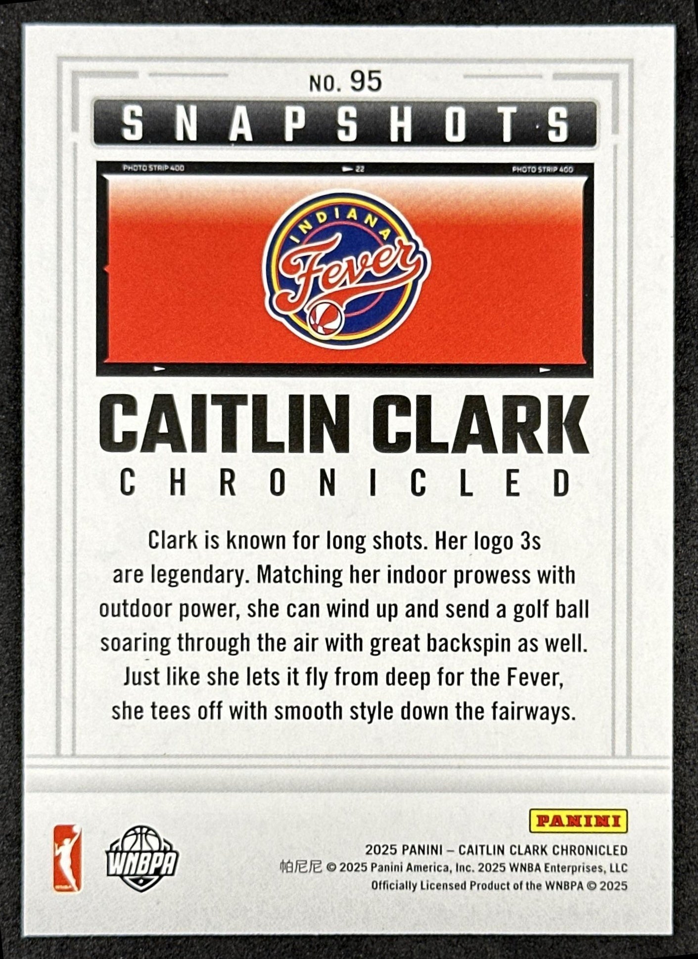 Caitlin Clark 2025 Panini Chronicled Snap Shots Holo Fever 95 Indiana Fever