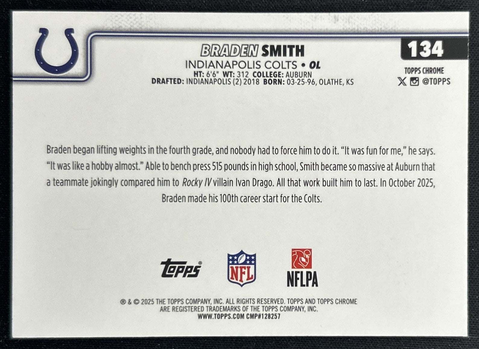 Braden Smith 2025 Topps Chrome Teal Refractor /299 Colts back