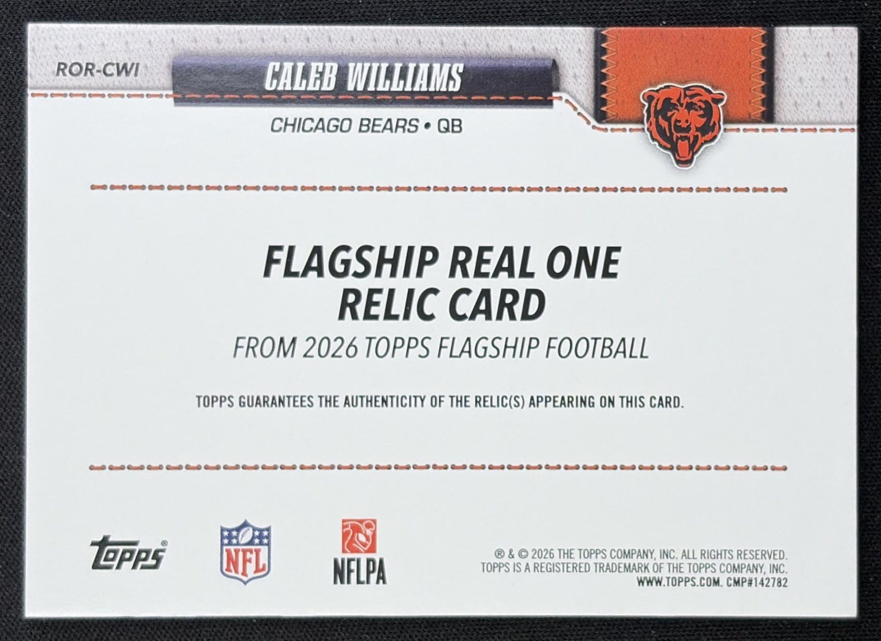 Caleb Williams 2026 Topps Real One Relic Orange /25 Bears back