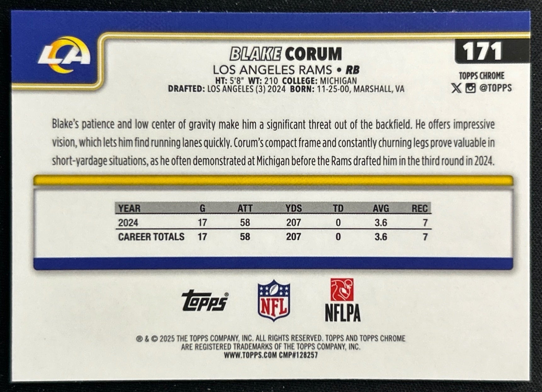 Blake Corum 2025 Topps Chrome Rams Sports Trading Cards