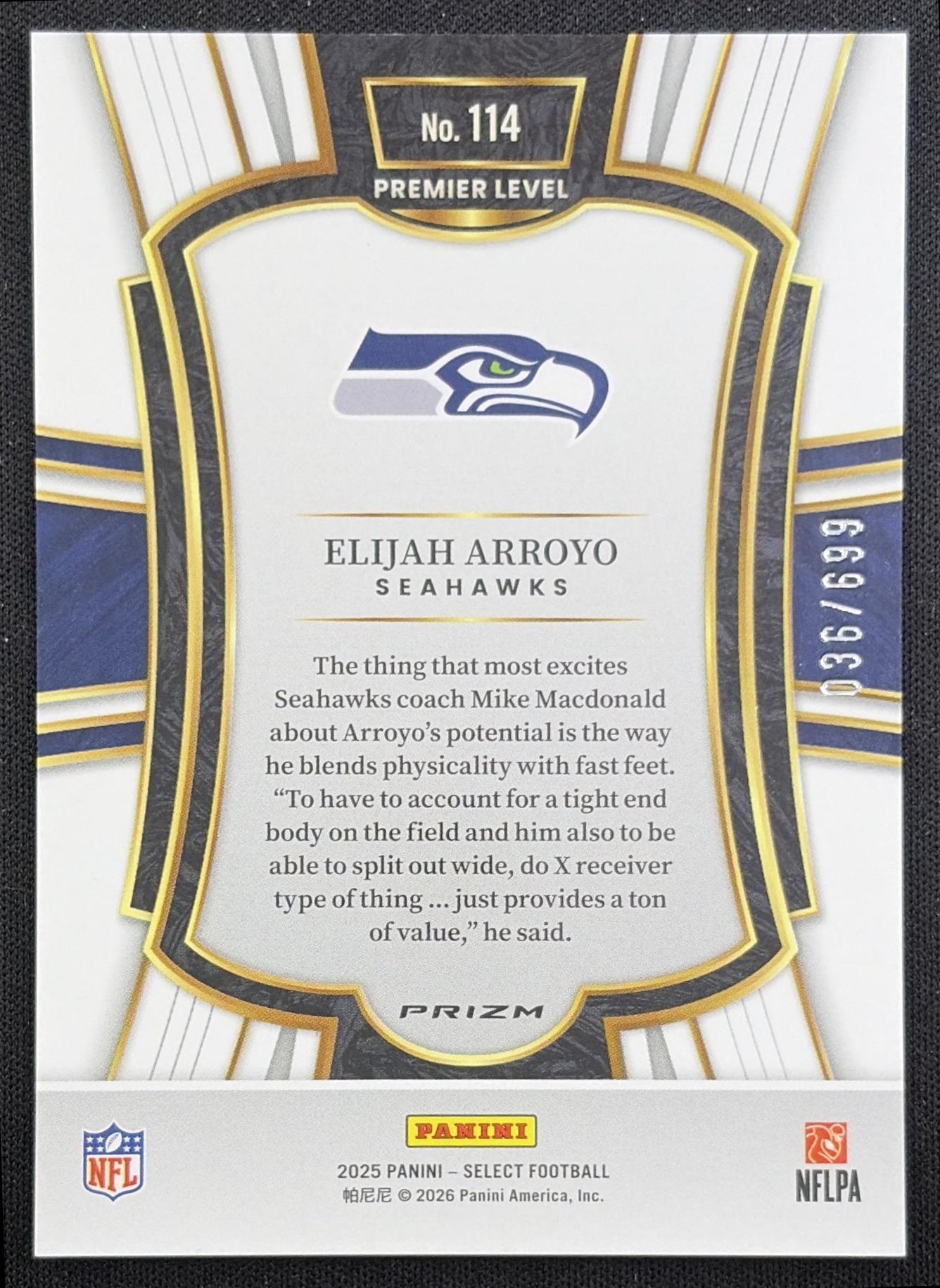 Elijah Arroyo 2025 Panini Select Premier Level Neon Green Prizm Shock /699 Seahawks Seattle Seahawks back