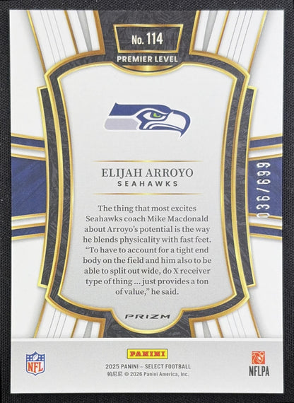 Elijah Arroyo 2025 Panini Select Premier Level Neon Green Prizm Shock /699 Seahawks Seattle Seahawks back
