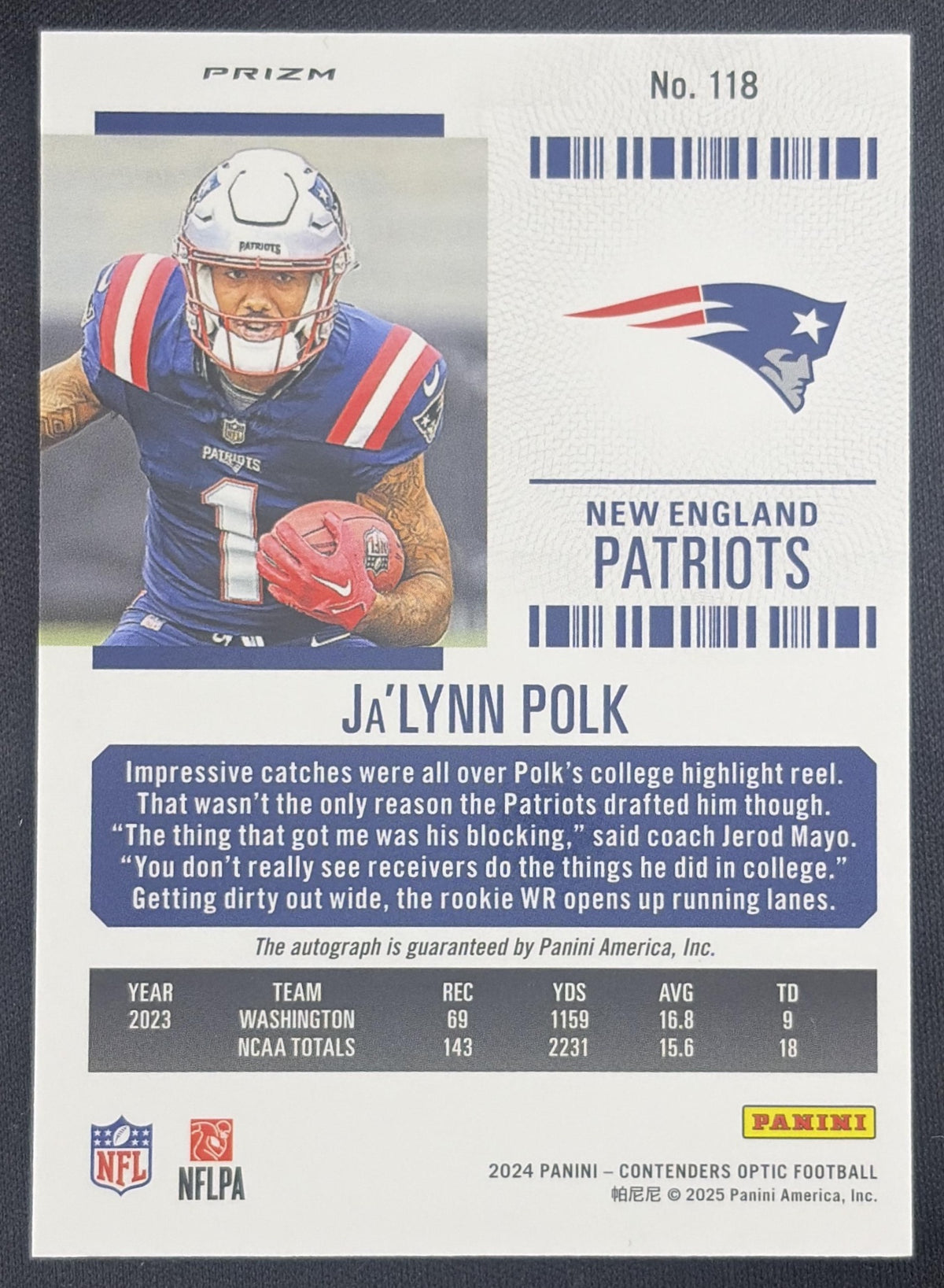 Ja'Lynn Polk 2024 Panini Contenders Optic Rookie Ticket RPS Auto Patriots