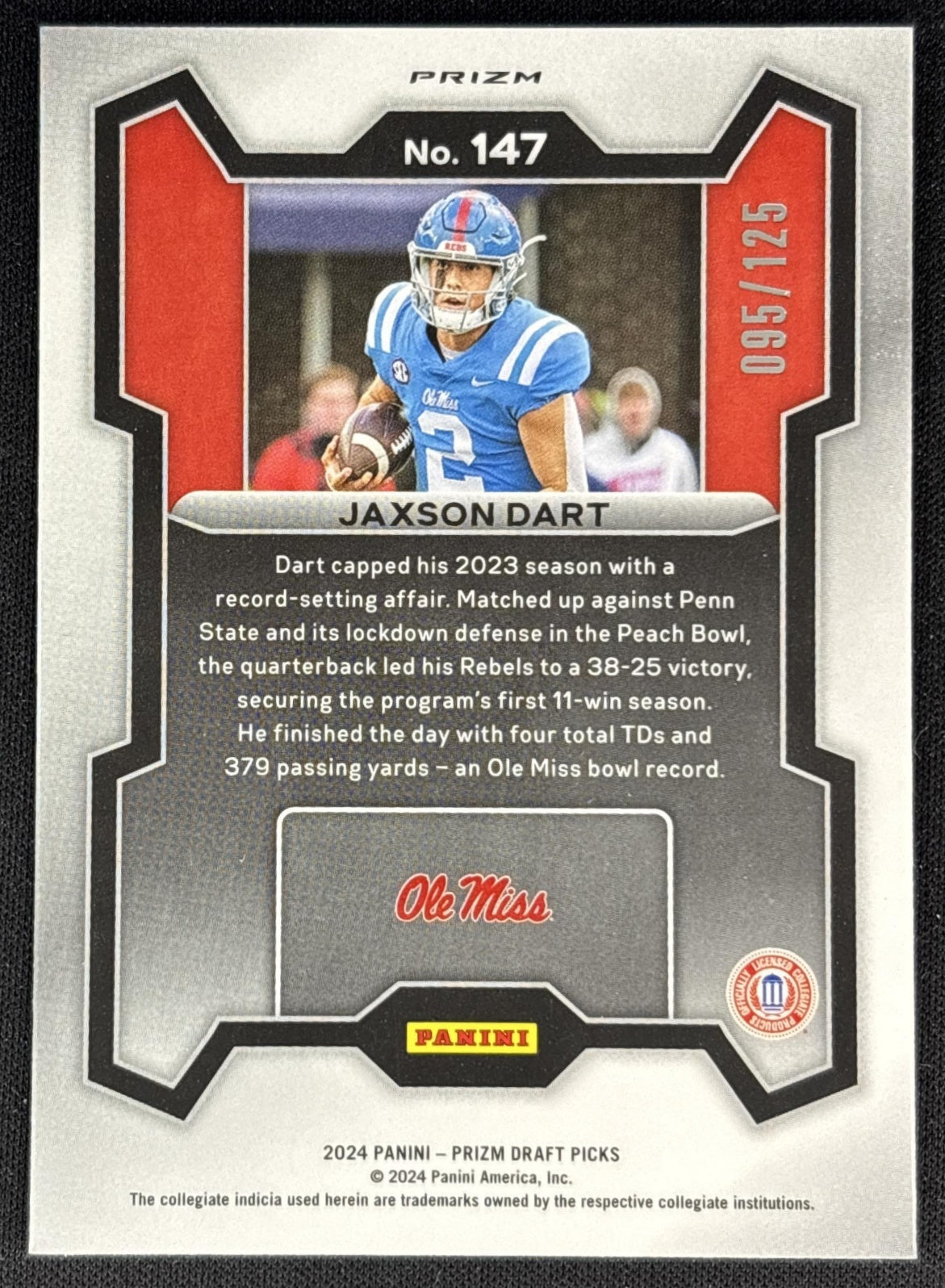 Jaxson Dart 2024 Panini Prizm Collegiate Draft Picks Red Finite /125 Rebels back