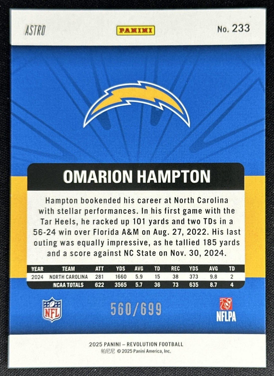 Omarion Hampton 2025 Panini Revolution Rookies Green Astro /699 Chargers