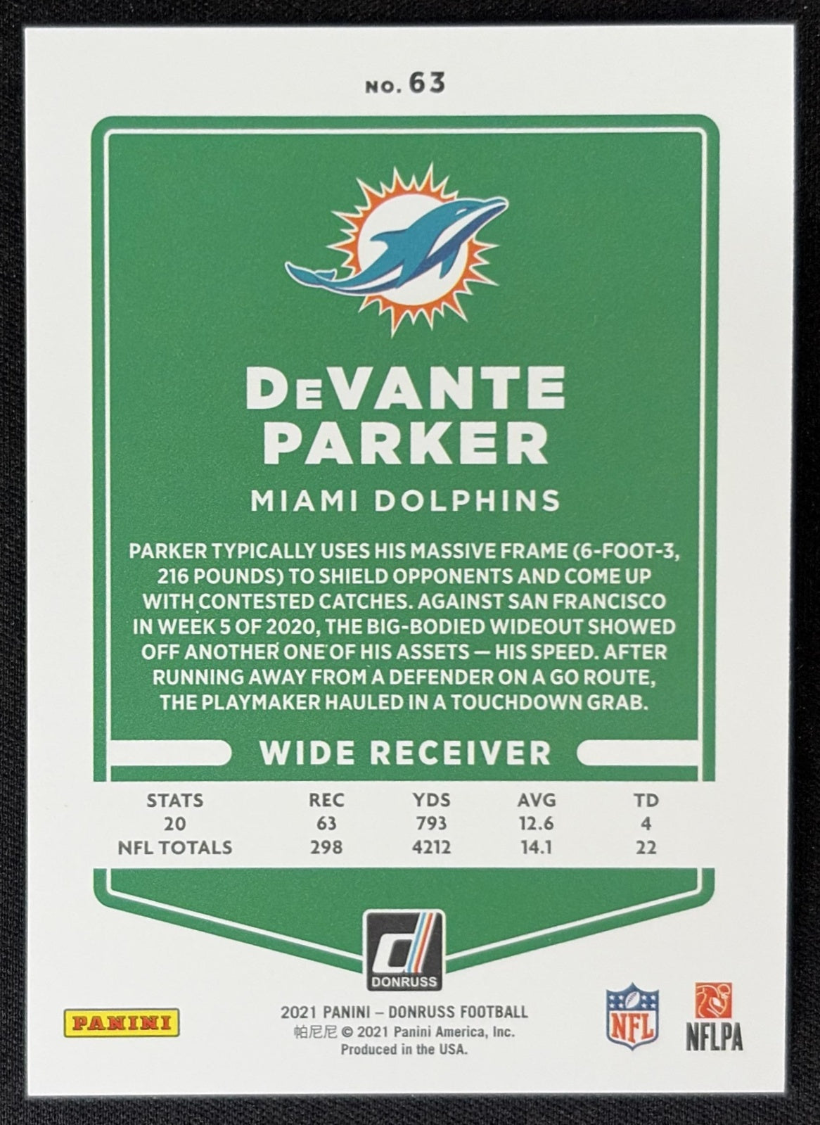 DeVante Parker 2021 Panini Donruss Press Proof Premium Dolphins Sports Trading Card