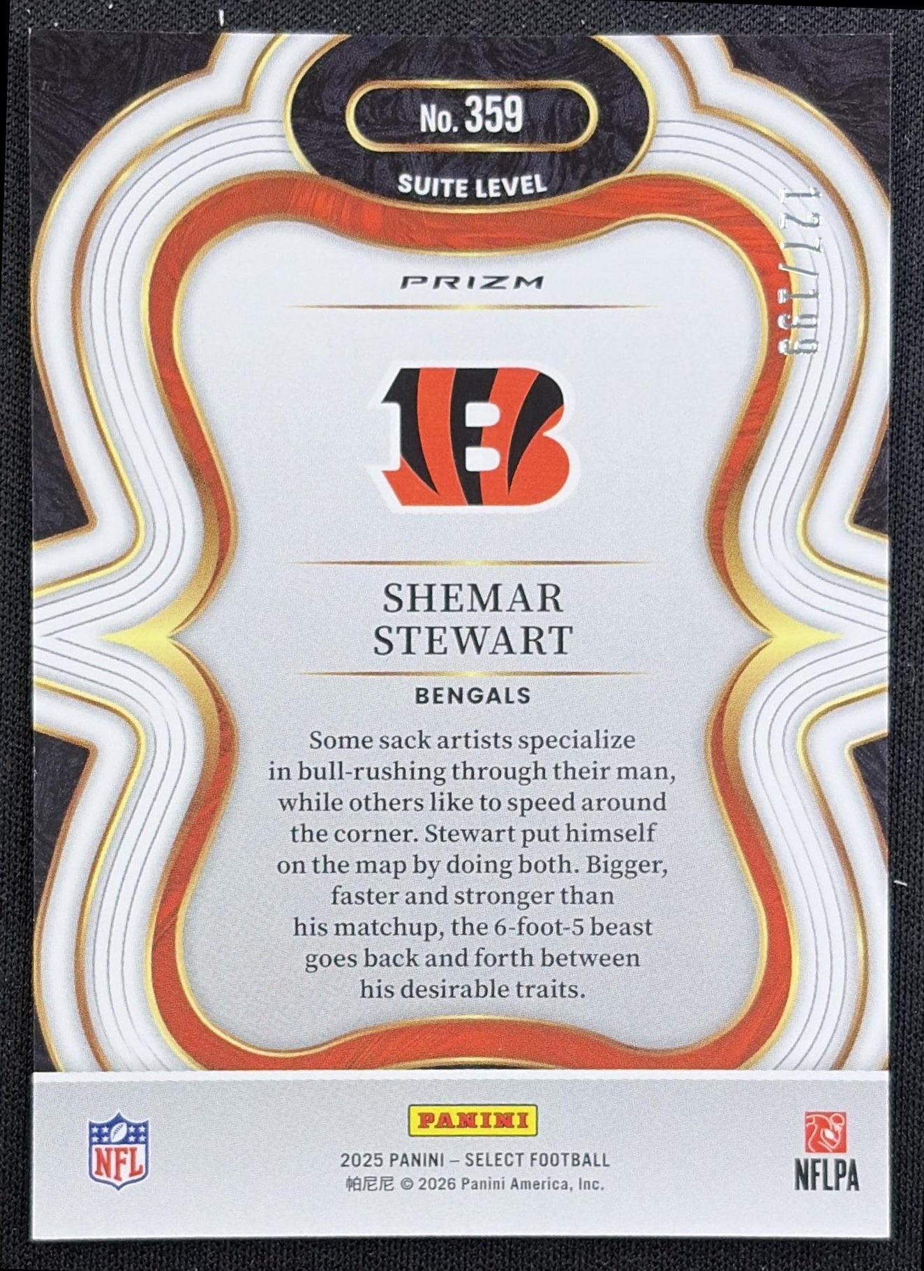 Shemar Stewart 2025 Panini Select Suite Level Tri-Color Prizm /199 Bengals back