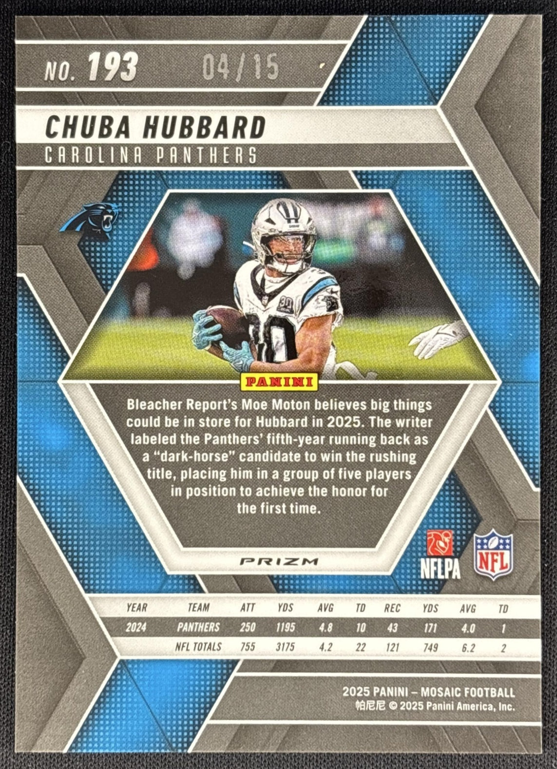 Chuba Hubbard 2025 Panini Mosaic Tessellation Prizm /15 Panthers Sports Trading Cards