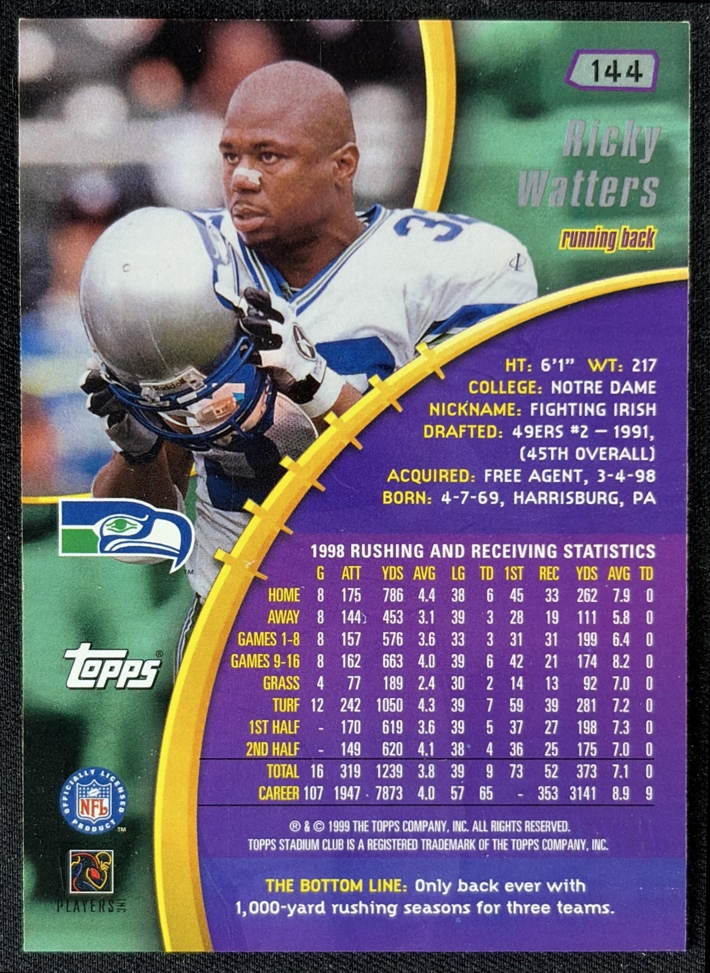 Ricky Watters 1999 Topps Stadium Club Seahawks