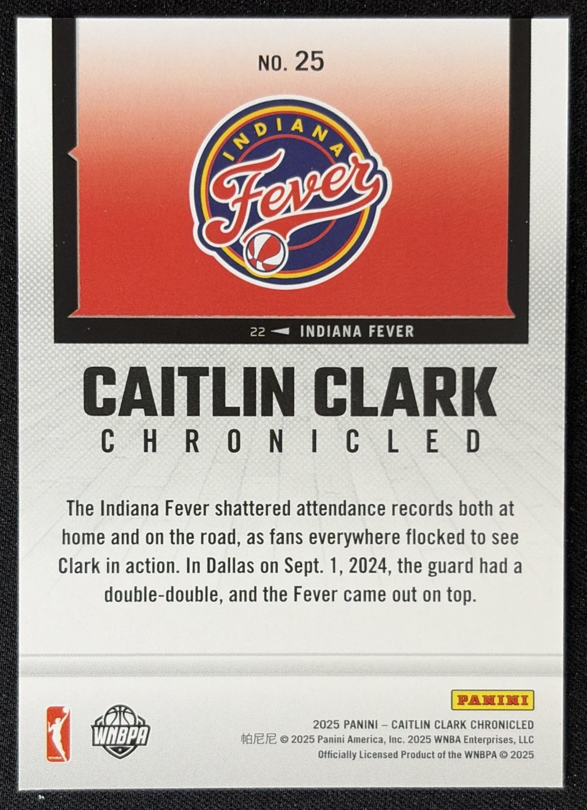 Caitlin Clark 2025 Panini Chronicled WNBA Fever 25 Sports Trading Card