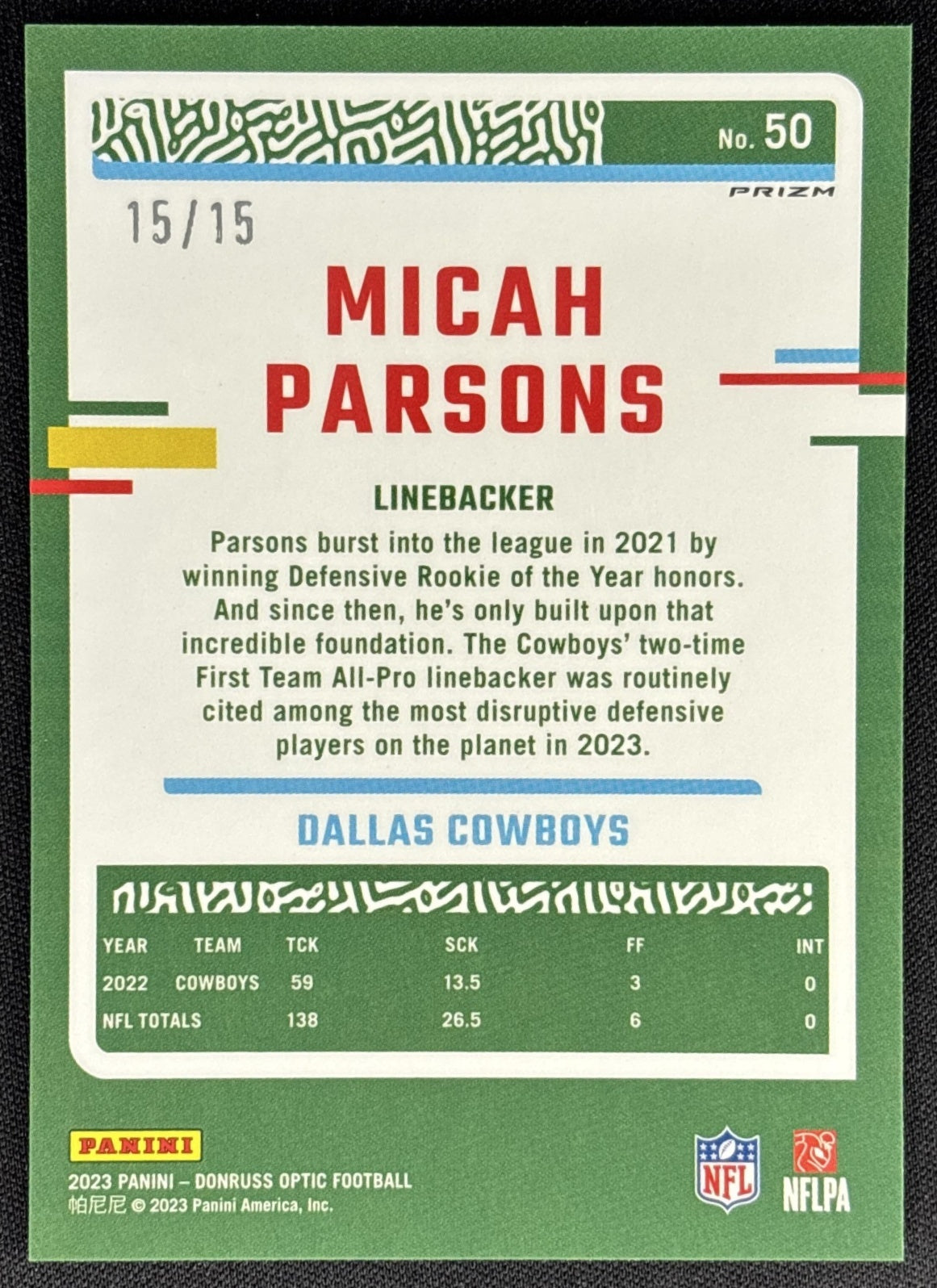 Micah Parsons 2023 Panini Donruss Optic Ice Prizm /15 Cowboys Dallas Cowboys