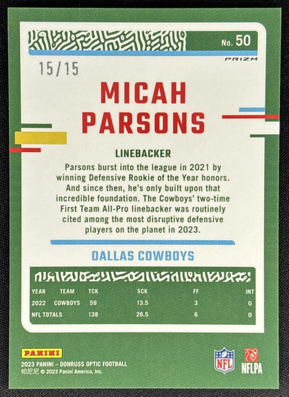 Micah Parsons 2023 Panini Donruss Optic Ice Prizm /15 Cowboys Dallas Cowboys