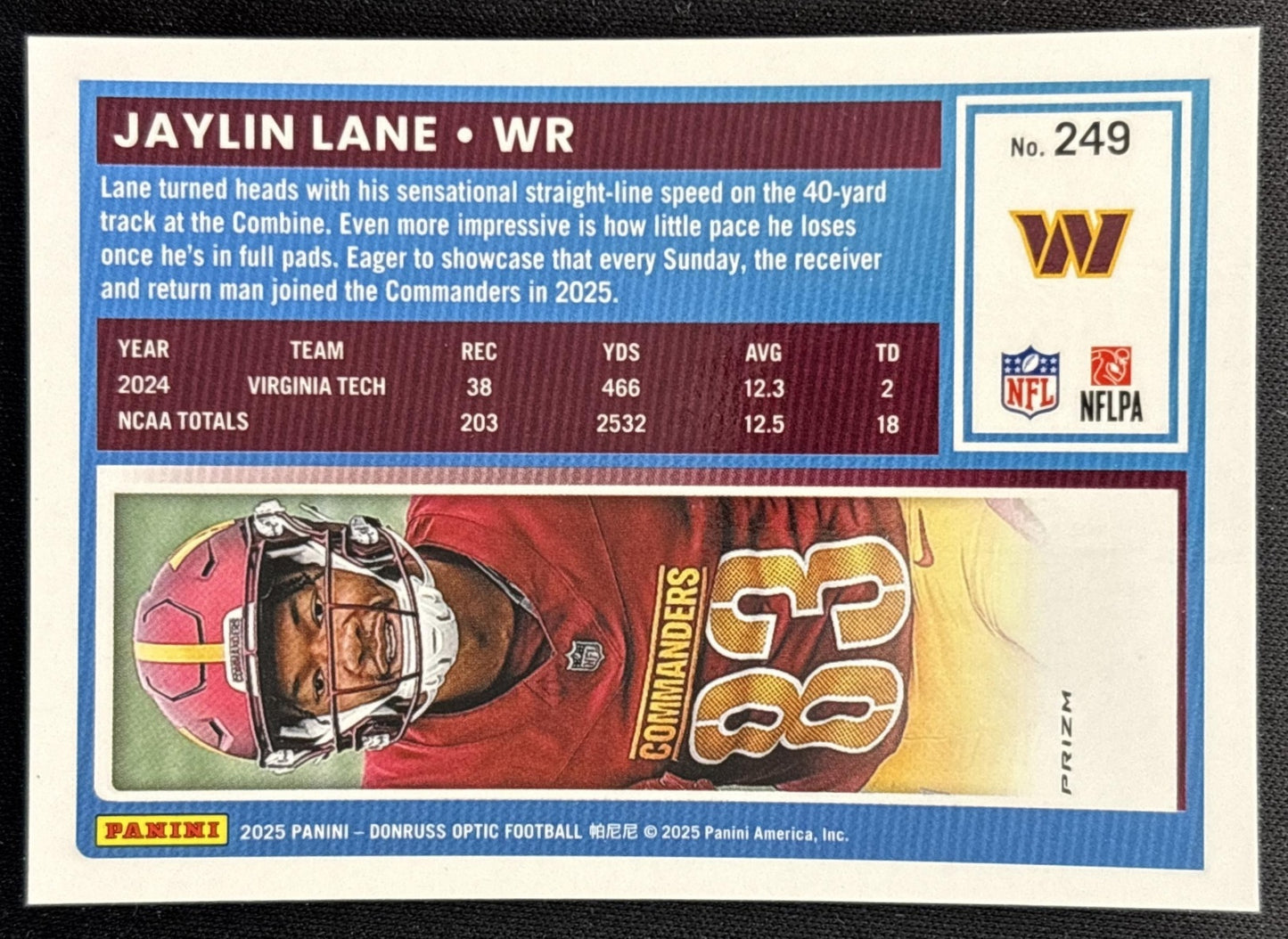 Jaylin Lane 2025 Panini Donruss Optic Rated Rookie Red Mojo Prizm Commanders Back