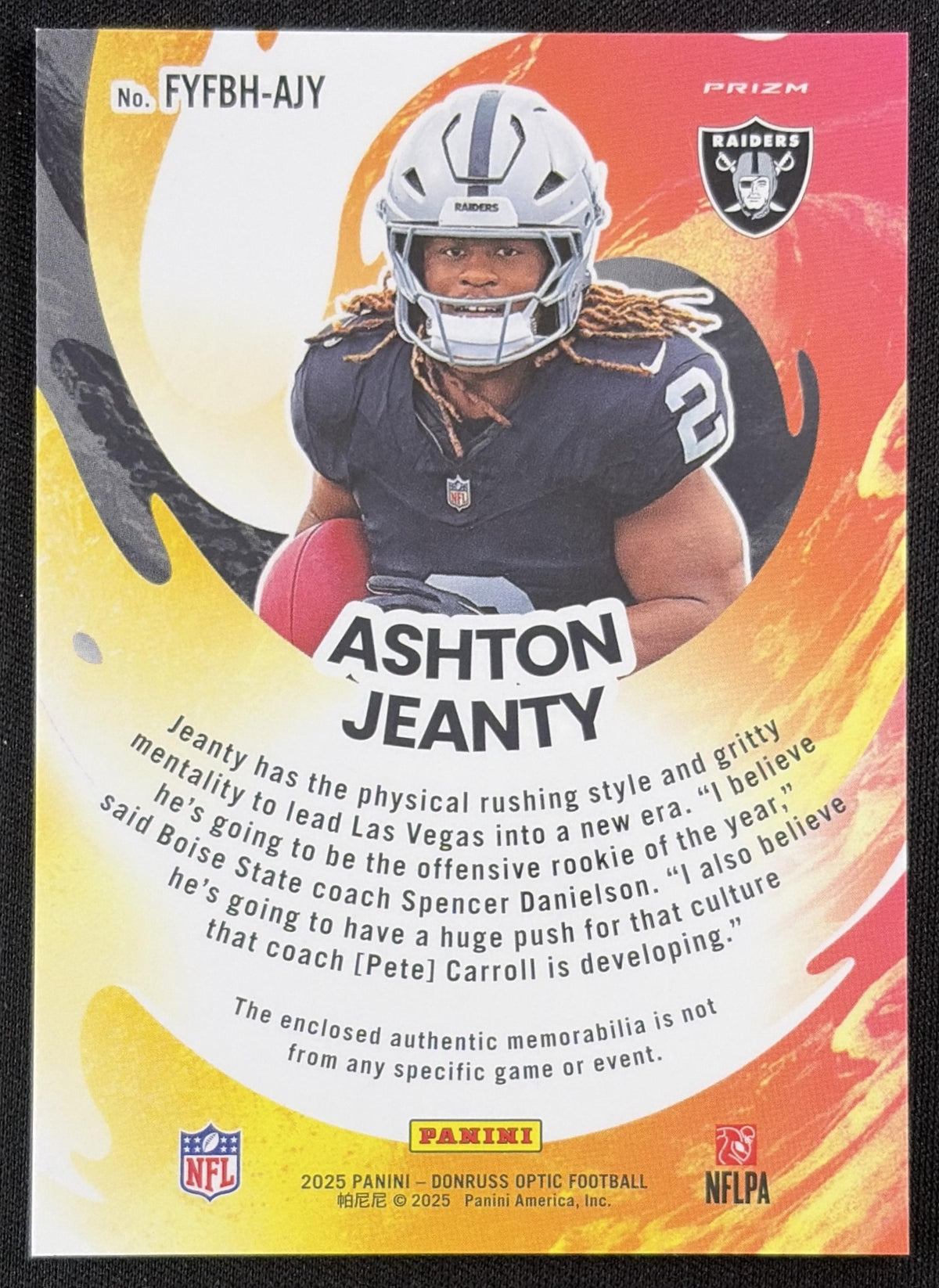 Ashton Jeanty 2025 Panini Donruss Optic First Year Fresh Blue Hyper Prizm Raiders