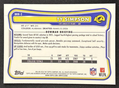 Ty Simpson 2026 Bowman Chrome Red RC Variation Rams Rookie