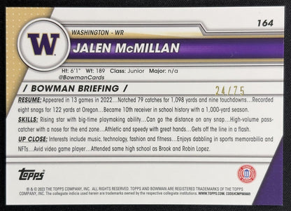 Jalen McMillan 2023 Bowman University Chrome Yellow Refractor /75 Huskies