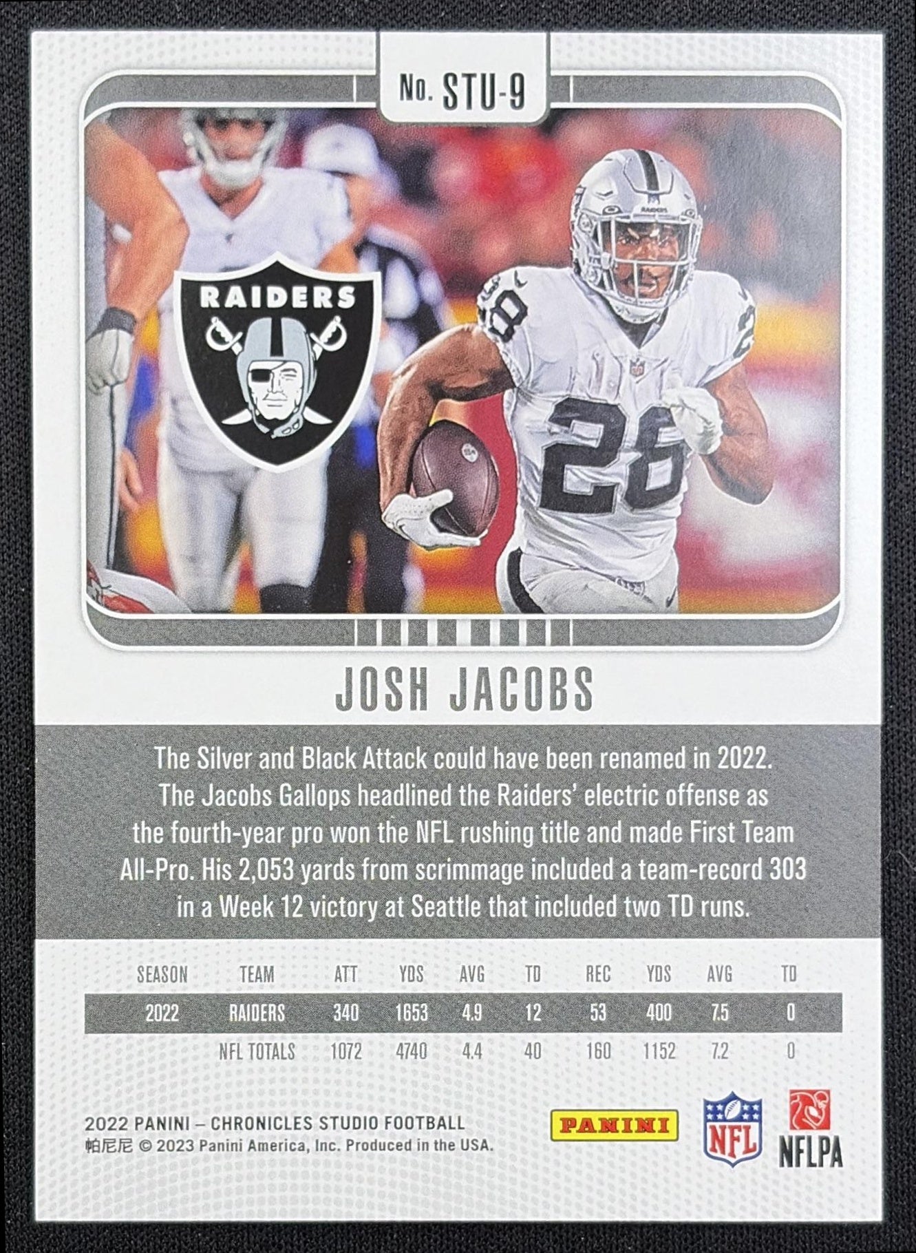 Josh Jacobs 2022 Panini Chronicles Studio Green /149 Raiders