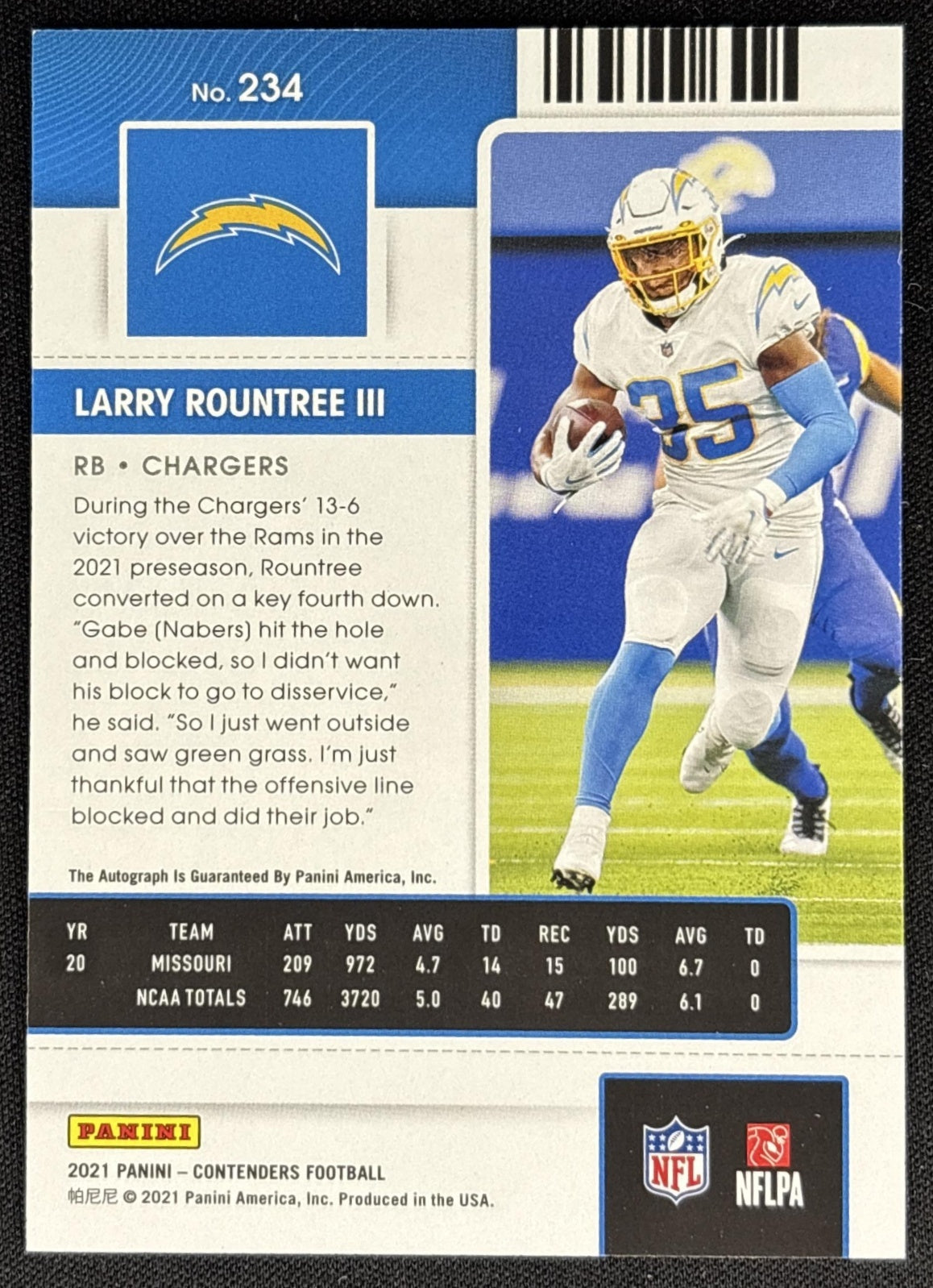 Larry Rountree III 2021 Panini Contenders Rookie Ticket Auto Chargers Los Angeles Chargers Sports Trading Cards