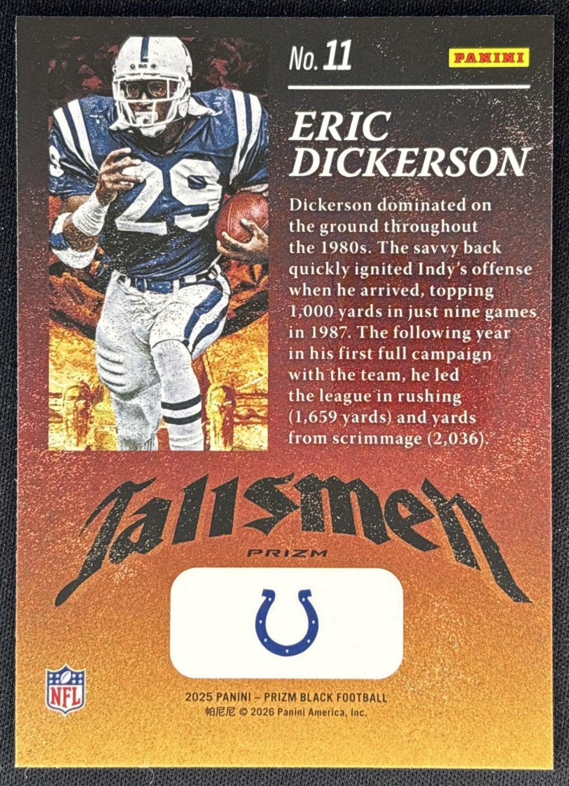 Eric Dickerson 2025 Panini Prizm Black Talismen Silver Colts back