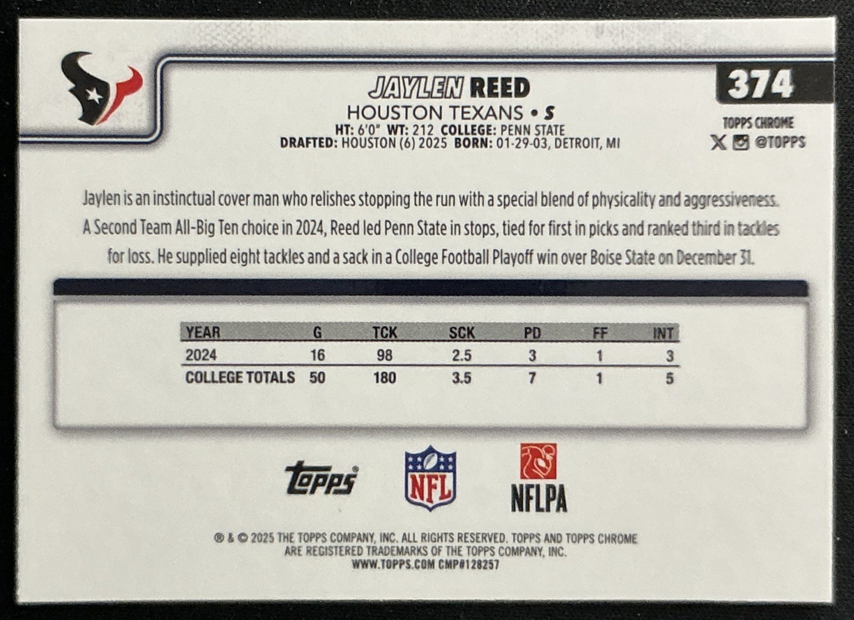 Jaylen Reed 2025 Topps Chrome Rookie Texans Sports Trading Cards