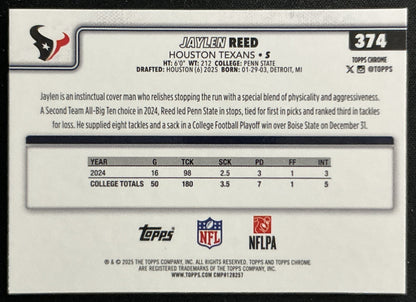 Jaylen Reed 2025 Topps Chrome Rookie Texans Sports Trading Cards