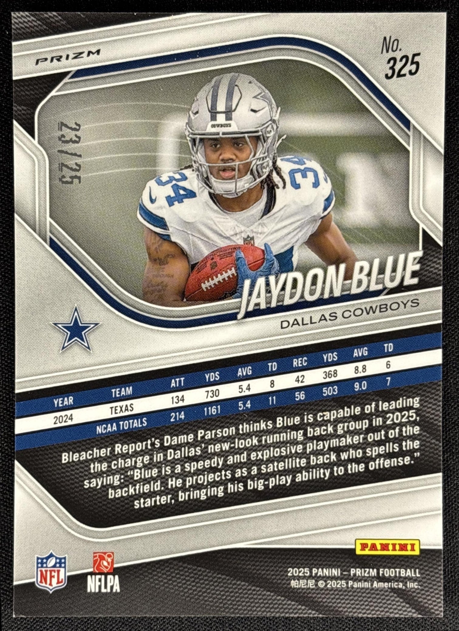 Jaydon Blue 2025 Panini Prizm No Huddle Pink /25 Cowboys - back