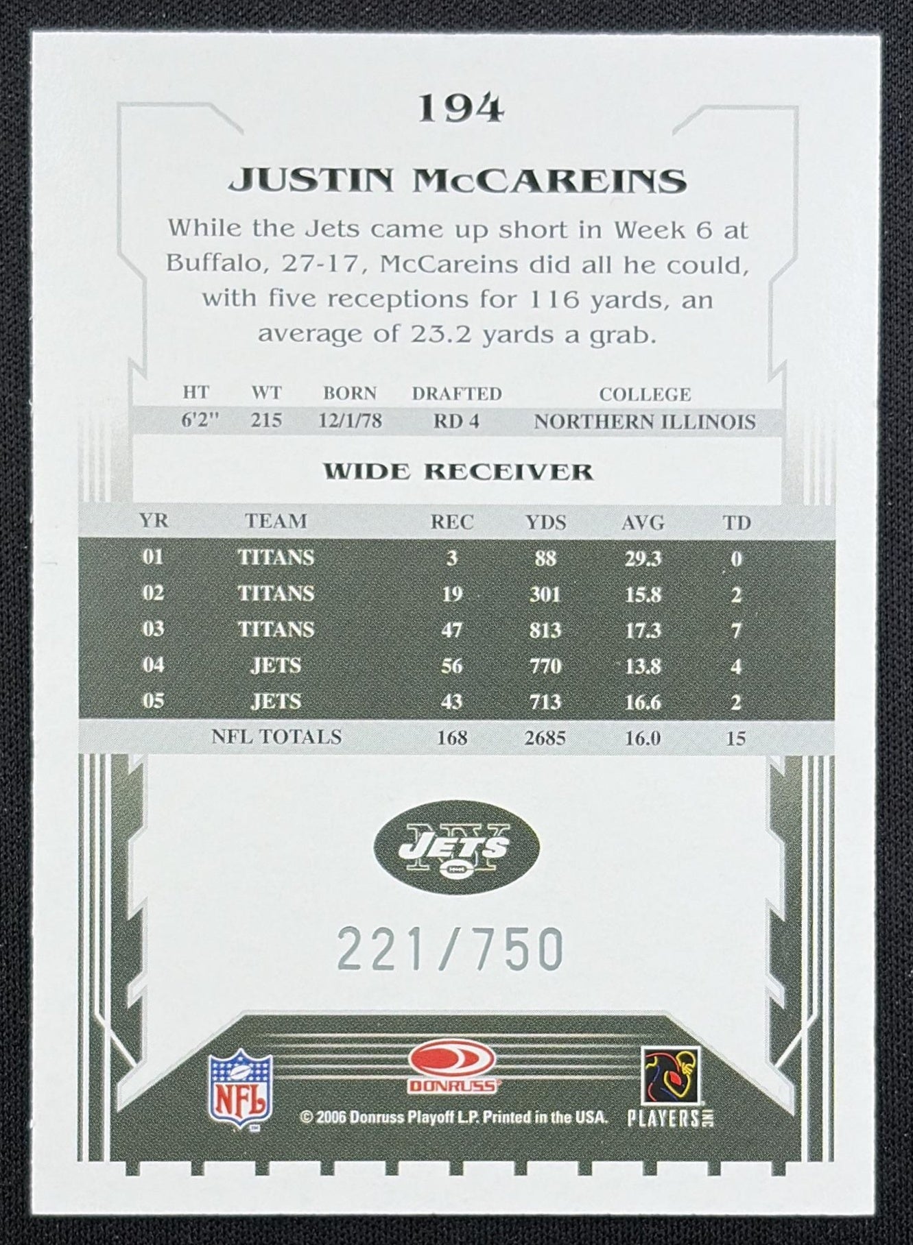 Justin McCareins 2006 Score Scorecard /750 Jets