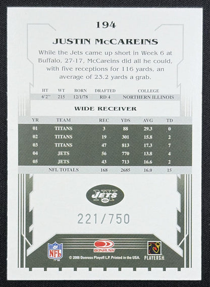 Justin McCareins 2006 Score Scorecard /750 Jets