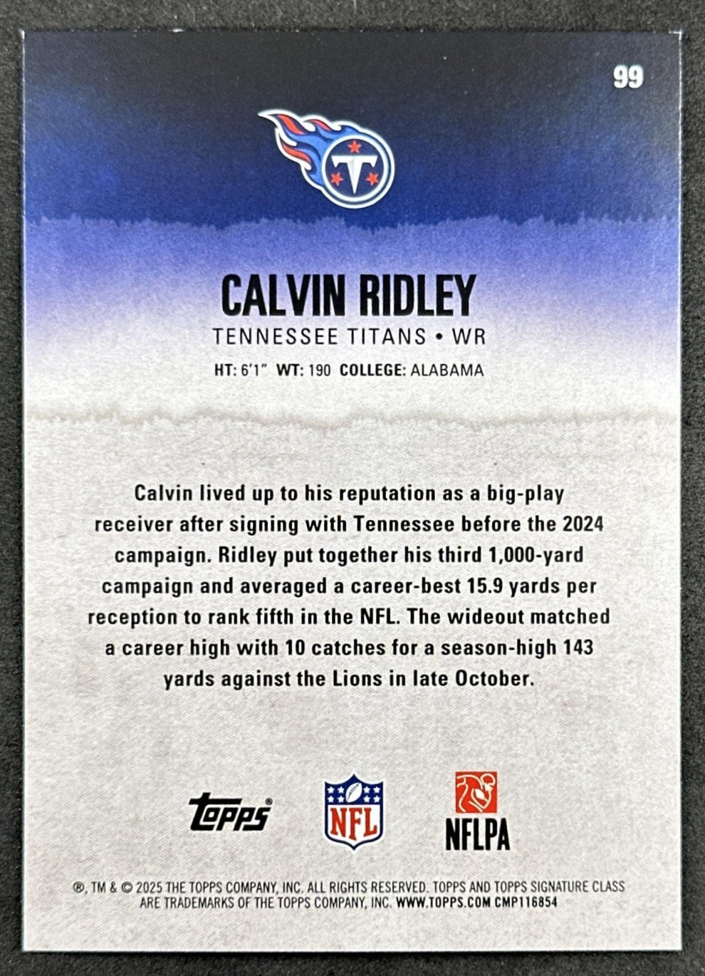Calvin Ridley 2025 Topps Signature Class Veteran Blue & Yellow Foil Titans back sports trading card