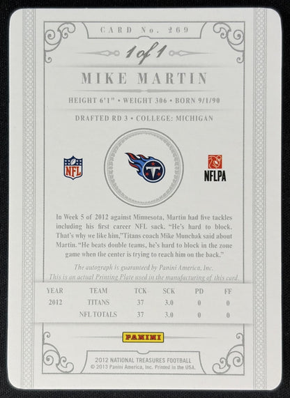 Mike Martin 2012 Panini National Treasures Printing Plates Magenta 1/1 Titans back