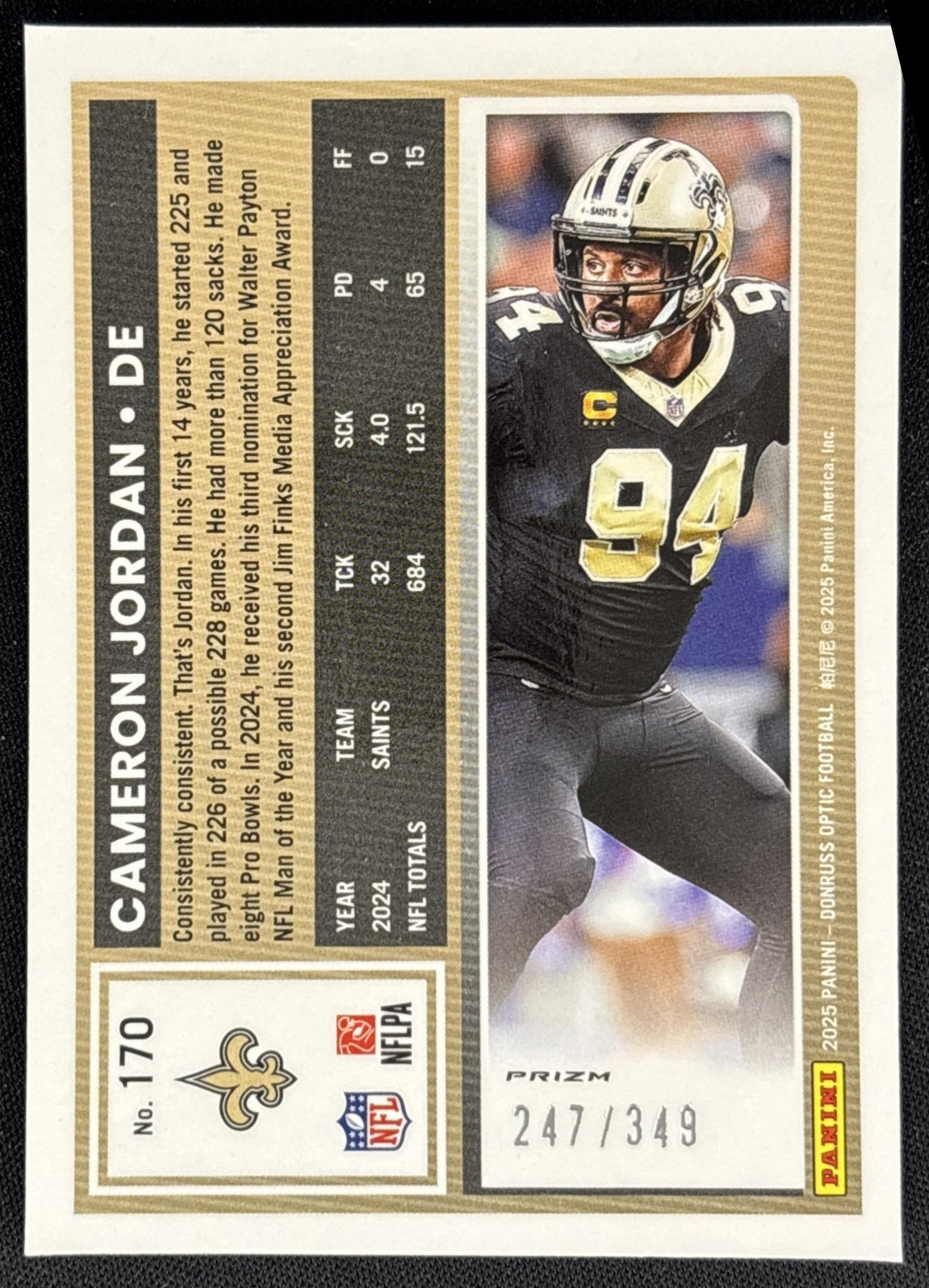 Cameron Jordan 2025 Panini Donruss Optic Aqua Prizm /349 Saints Sports Trading Cards