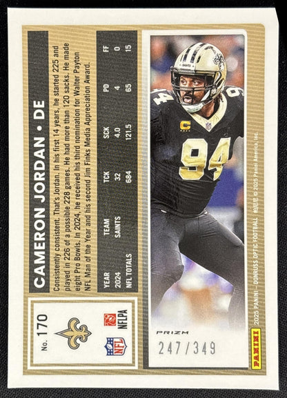Cameron Jordan 2025 Panini Donruss Optic Aqua Prizm /349 Saints Sports Trading Cards