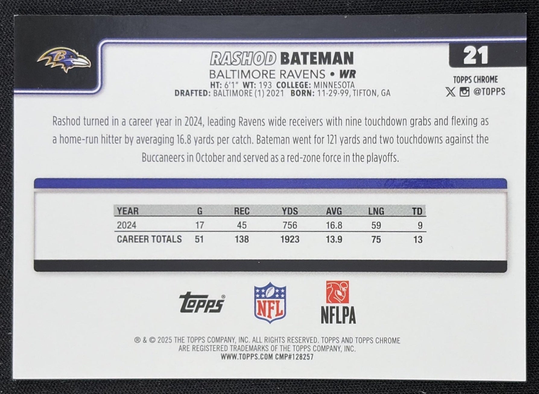 Rashod Bateman 2025 Topps Chrome Orange Refractor /25 Ravens Baltimore Ravens