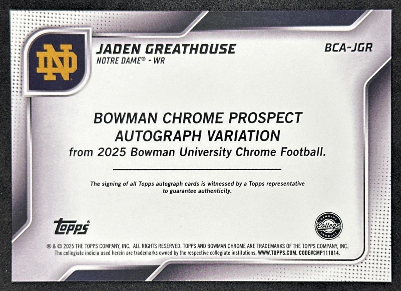 Jaden Greathouse 2025 Bowman Chrome University Prospect Auto Fighting Irish Sports Trading Cards