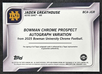 Jaden Greathouse 2025 Bowman Chrome University Prospect Auto Fighting Irish Sports Trading Cards