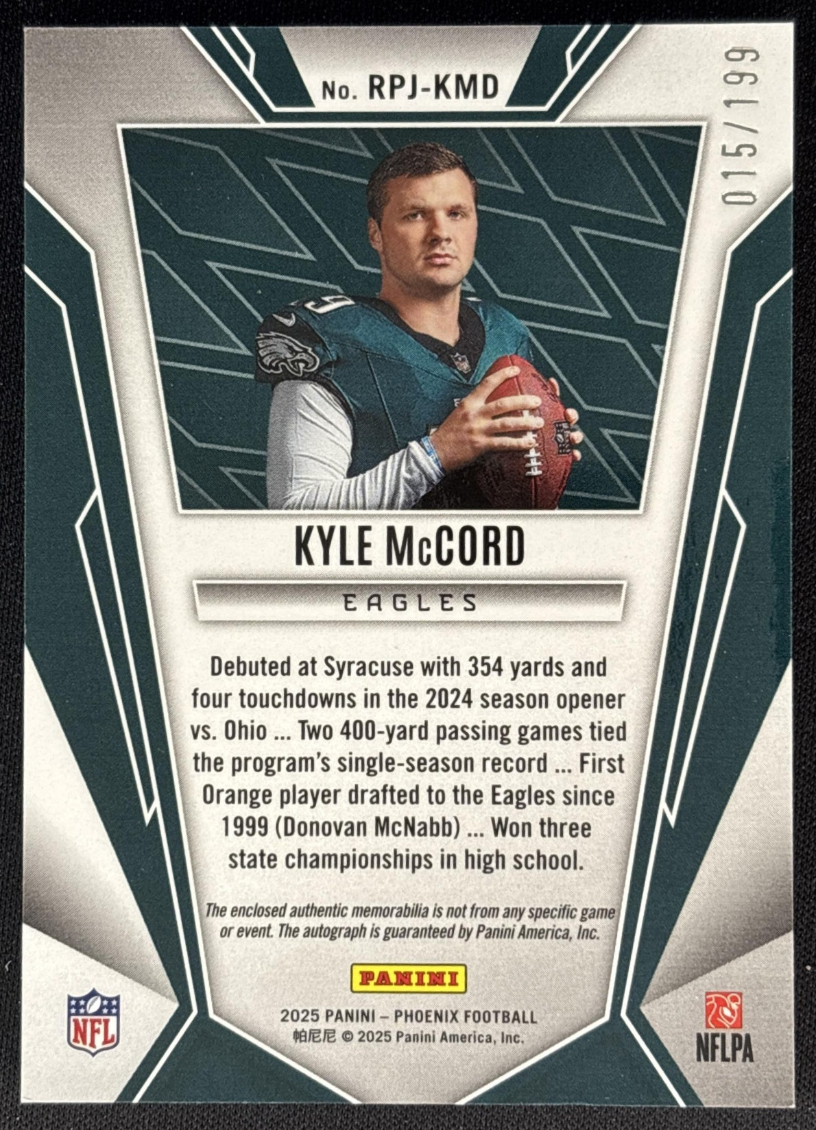 Kyle McCord 2025 Phoenix Rookie Phenoms Jersey Auto Bronze Pandora Prizm /199 Eagles back