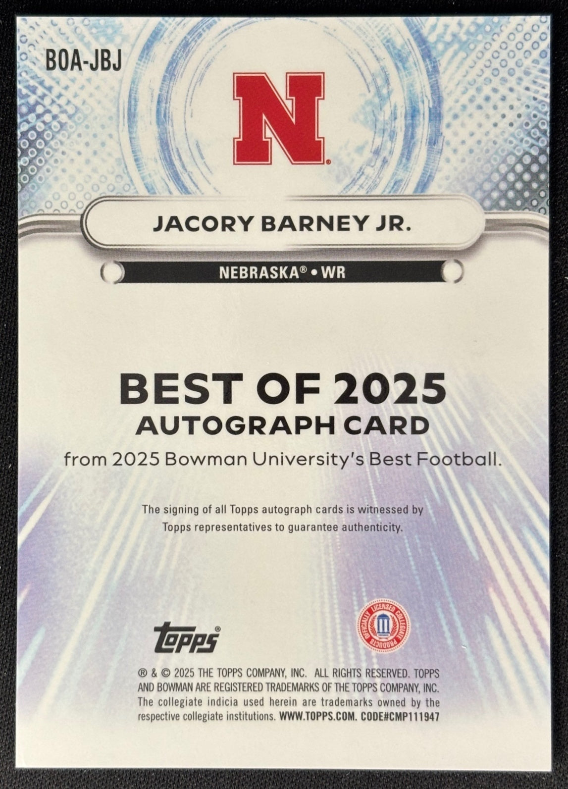 Back of Jacory Barney Jr. 2025 Best University The Best of Auto Cornhuskers