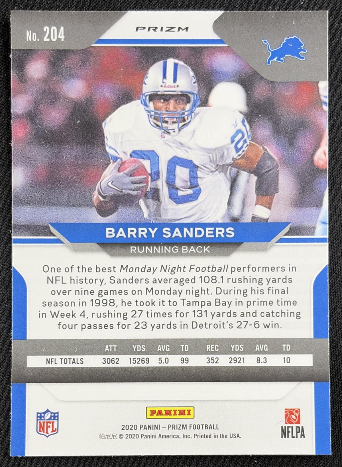 Barry Sanders 2020 Panini Prizm Pink Lions Sports Trading Card