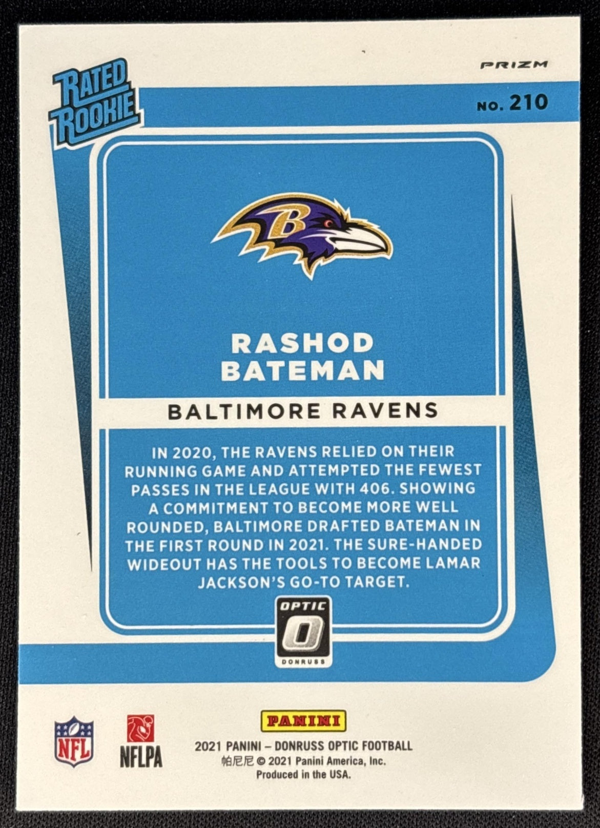 Rashod Bateman 2021 Panini Donruss Optic Blue Hyper Ravens