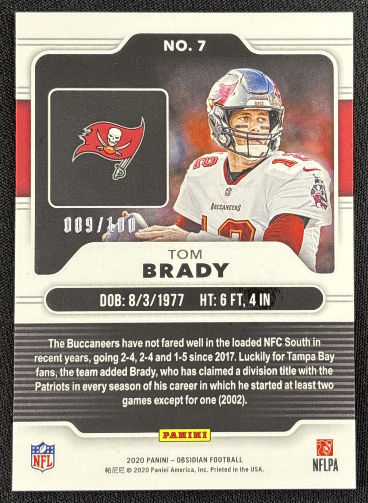 Tom Brady 2020 Panini Obsidian Electric Etch Purple /100 Buccaneers - back