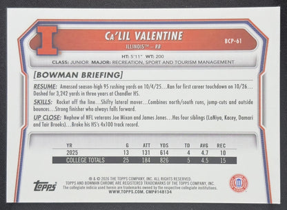 Ca'Lil Valentine 2026 Bowman Chrome Prospects Speckle Refractor Fighting Illini