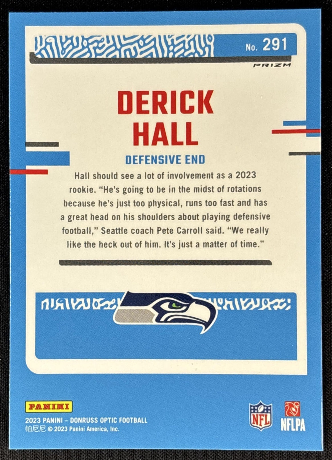 Derick Hall 2023 Panini Donruss Optic Blue Hyper Prizm Seahawks