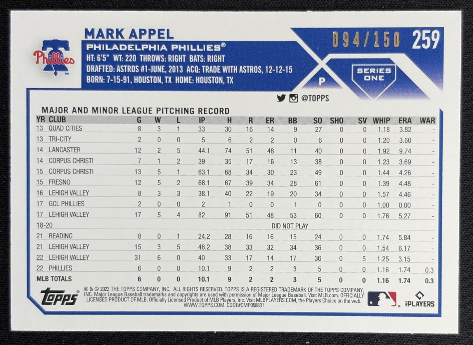 Mark Appel 2023 Topps 1st Edition Green Foil /150 Phillies back