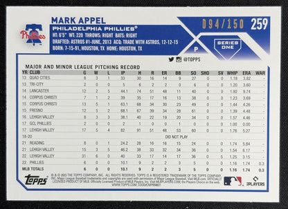Mark Appel 2023 Topps 1st Edition Green Foil /150 Phillies back